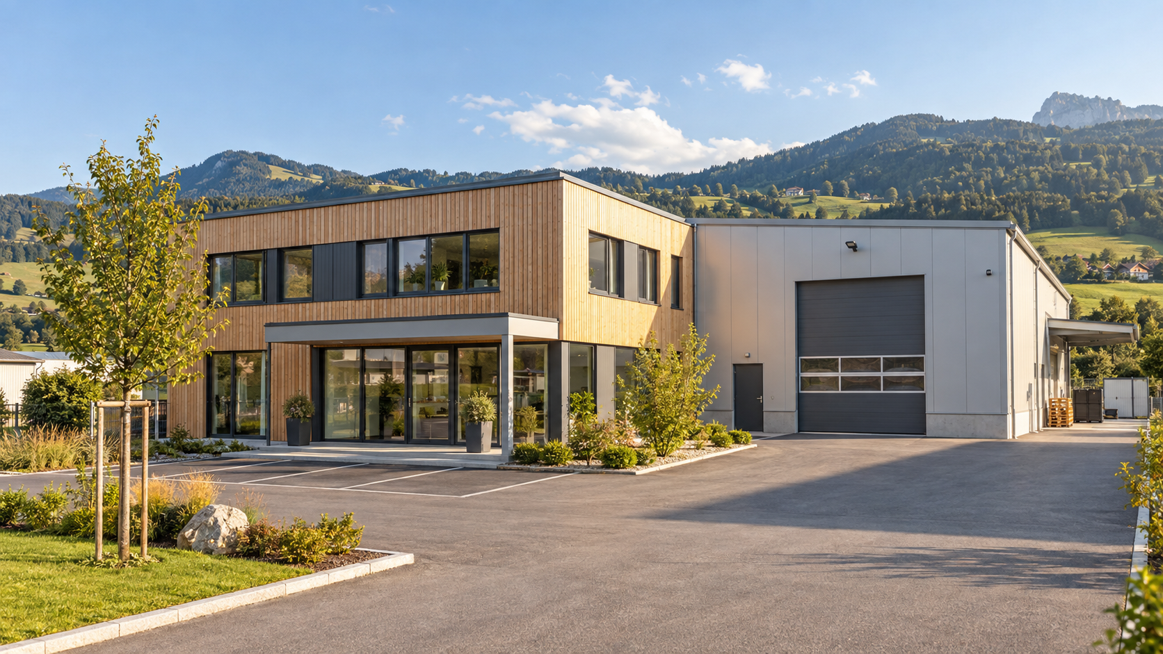 Büro- und Hallengebäude mit befestigter Zufahrt und Parkplätzen