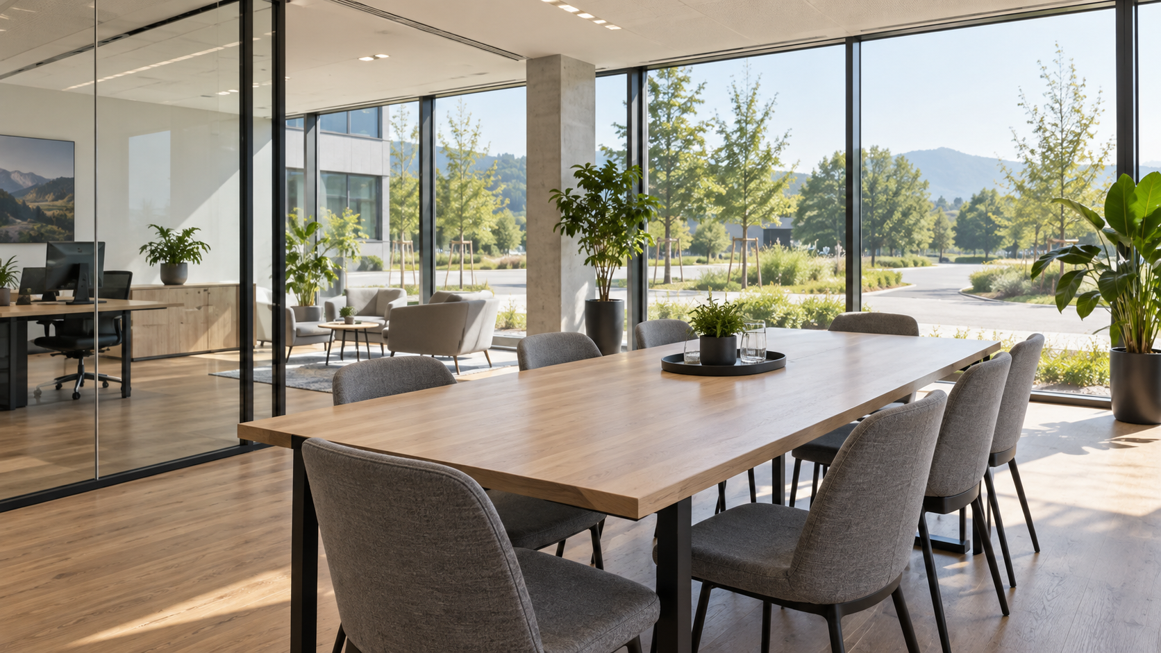 Heller Besprechungsbereich mit Holztisch und Blick auf eine begrünte Zufahrt