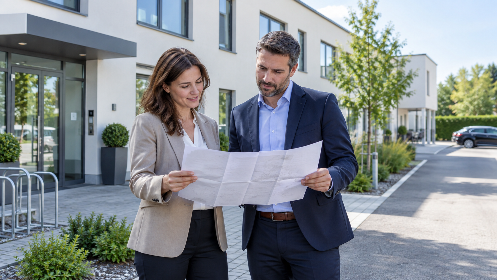 Zwei Personen besprechen einen Lageplan vor einem Gewerbegebäude